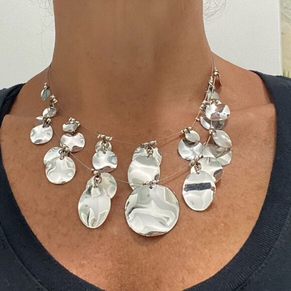 Silver Toned 2 Strand Circle Disc Necklace - Picture 12 of 12